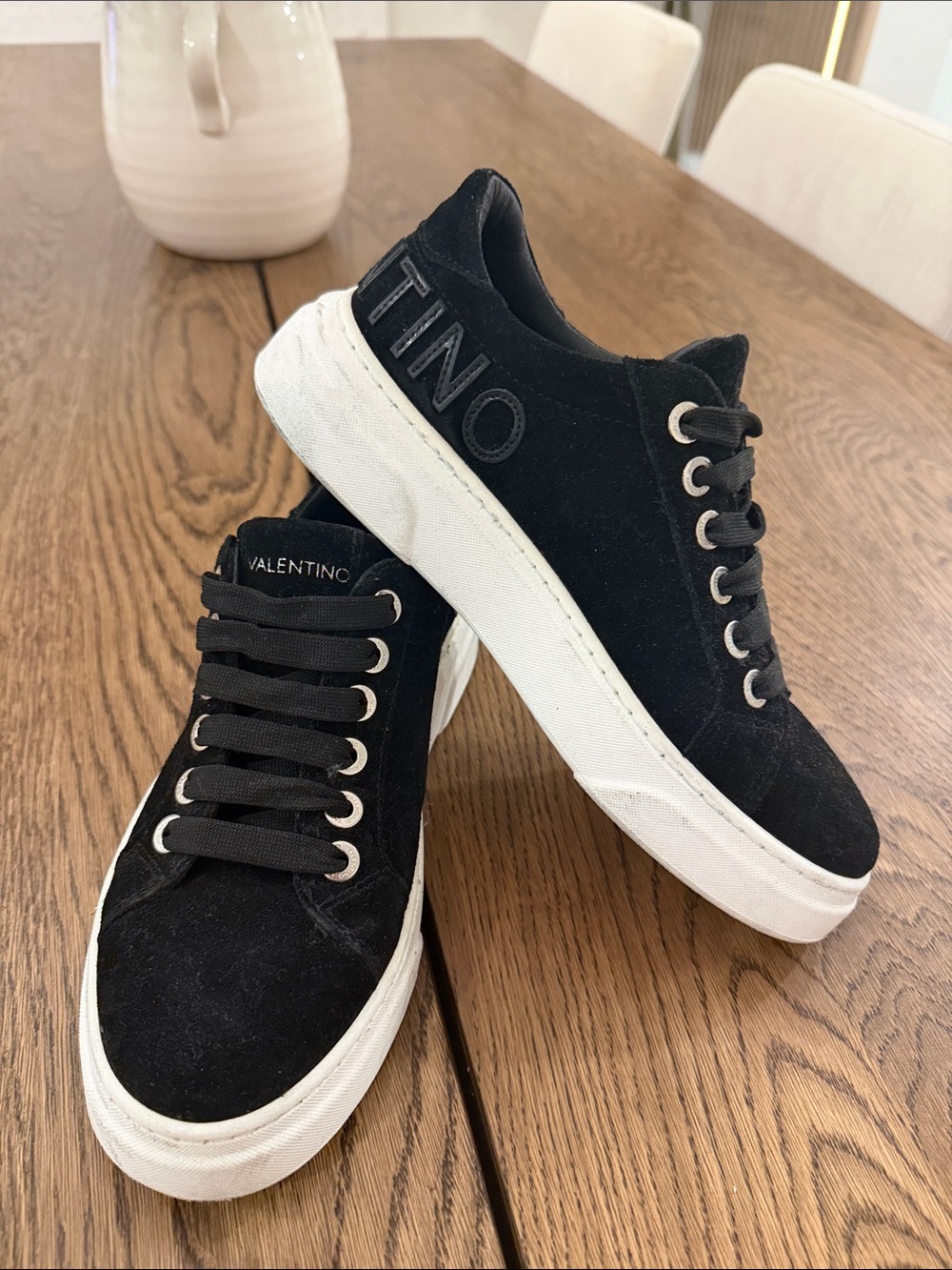 Valentino Black Suede Low-Top Sneakers with White Platform Sole